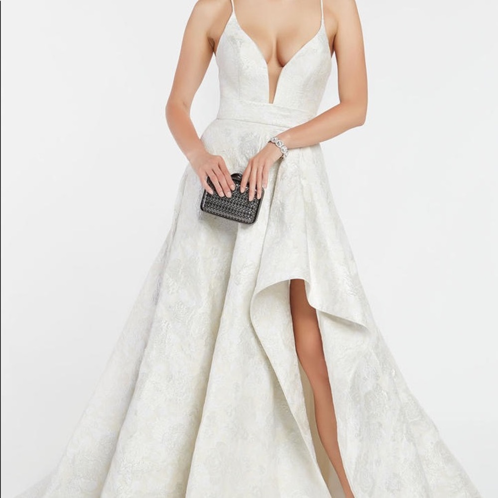 Alyce Paris ivory jacquard asymmetrical gown